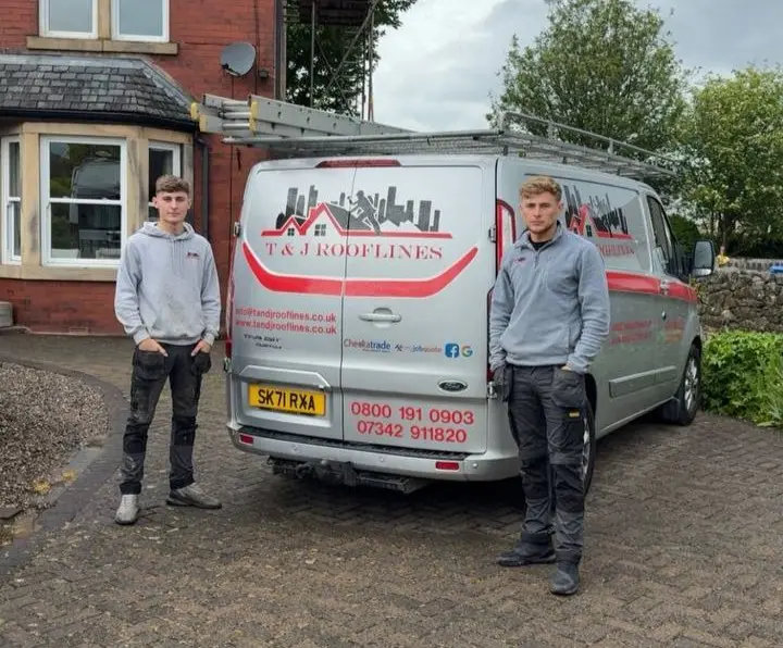 Thomas and team of T&J Rooflines with company van